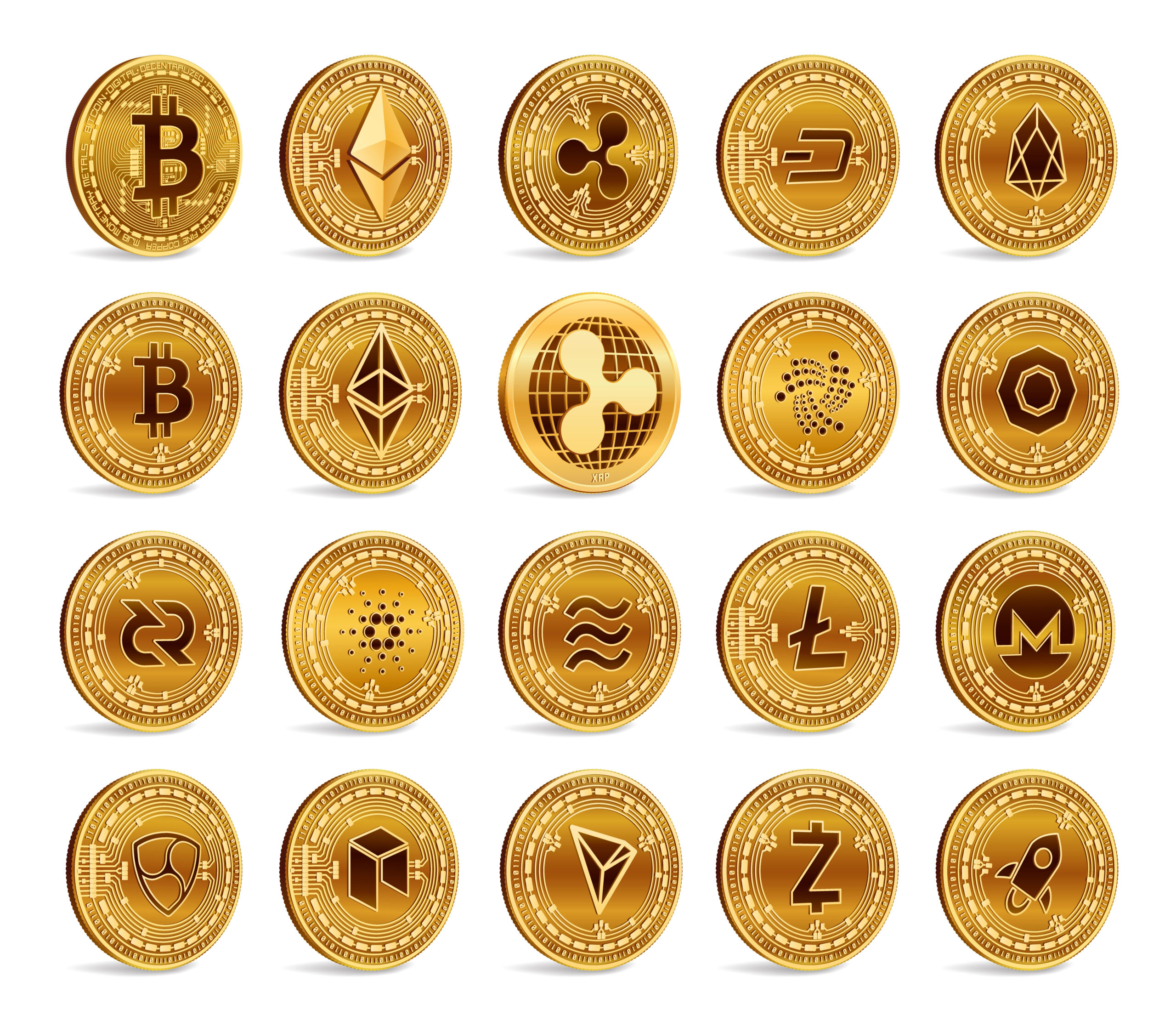 Cryptocurrency physical coins set. 3D Golden Crypto currency coins isolated on white background. Bitcoin, Ripple, Ethereum, Litecoin, Monero and other. Vector illustration